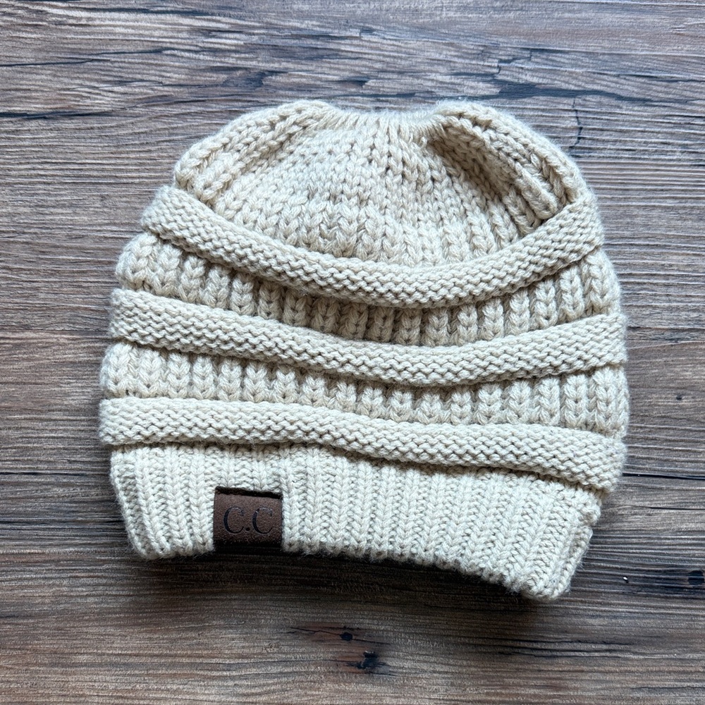 C.C Cream Knit Ponytail Beanie